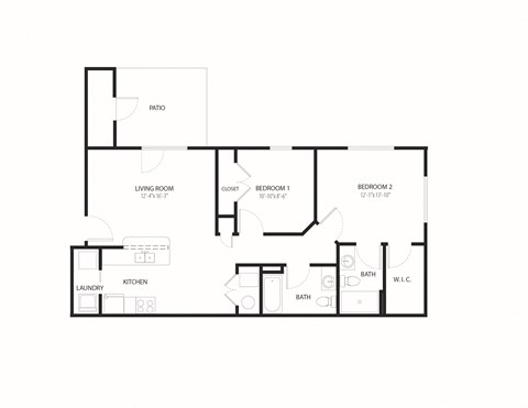 Floor plan for 2 beds, 2 baths, 986 sqft